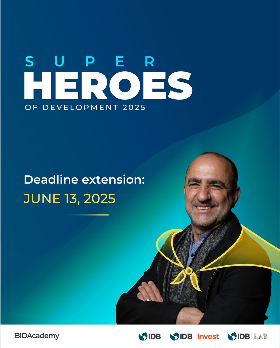 🚨 Deadline extended! 
 June 13: Deadline to apply for Superheroes of Development.

Requirements:
 ✅ Be an executing agency or client of the IDB Group 
 ✅ Be implementing a project (or completed one since 2016) 

Apply here: bit.ly/3Oa93KR