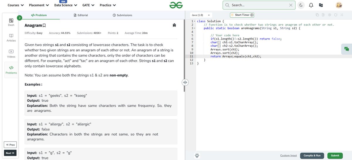 aryaniscoding's tweet image. ✅ Day 16 of #GFG160DaysChallenge
🧩 Problem: Anagram
🔁 Sorted + compared char arrays
🟢 Simple &amp;amp; efficient!
#Java #CodingChallenge #GeeksForGeeks