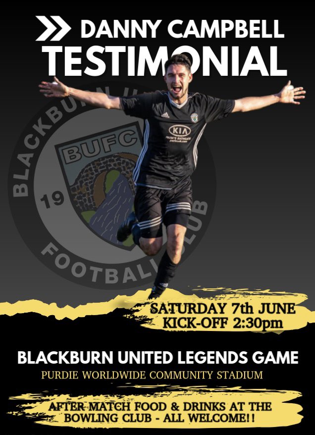 Blackburn United Football Club 🏴🏁🏳️ (@blackburnunited) on Twitter photo ‼️Reminder‼️
After 15 years of service, this weekend brings a much deserved testimonial match for <a href="/DannyCampbell10/">DannyCampbell</a> - with entry by donation at the turnstile and with the kitchen open for hot & cold food & drinks why not pop down to say thank you to a terrific club servant 🏁⚽️🏁 ‼️Reminder‼️
After 15 years of service, this weekend brings a much deserved testimonial match for <a href="/DannyCampbell10/">DannyCampbell</a> - with entry by donation at the turnstile and with the kitchen open for hot & cold food & drinks why not pop down to say thank you to a terrific club servant 🏁⚽️🏁