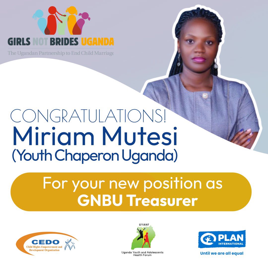 Girls Not Brides Uganda ๐บ๐ฌ (@gnb_uganda) on Twitter photo Congratulations to Miriam Mutesi team lead <a href="/youthchaperonug/">@Youthchaperonug</a> for joining the Steering committee as a the new Treasurer <a href="/GNB_Uganda/">Girls Not Brides Uganda ๐บ๐ฌ</a> We are excited to have you on-board and look forward to your expertise and contributions as we work to #EndChildMarriage <a href="/cedouganda/">CEDO Uganda</a> <a href="/touch_uganda/">Touch the Heart Uganda</a> Congratulations to Miriam Mutesi team lead <a href="/youthchaperonug/">@Youthchaperonug</a> for joining the Steering committee as a the new Treasurer <a href="/GNB_Uganda/">Girls Not Brides Uganda ๐บ๐ฌ</a> We are excited to have you on-board and look forward to your expertise and contributions as we work to #EndChildMarriage <a href="/cedouganda/">CEDO Uganda</a> <a href="/touch_uganda/">Touch the Heart Uganda</a>