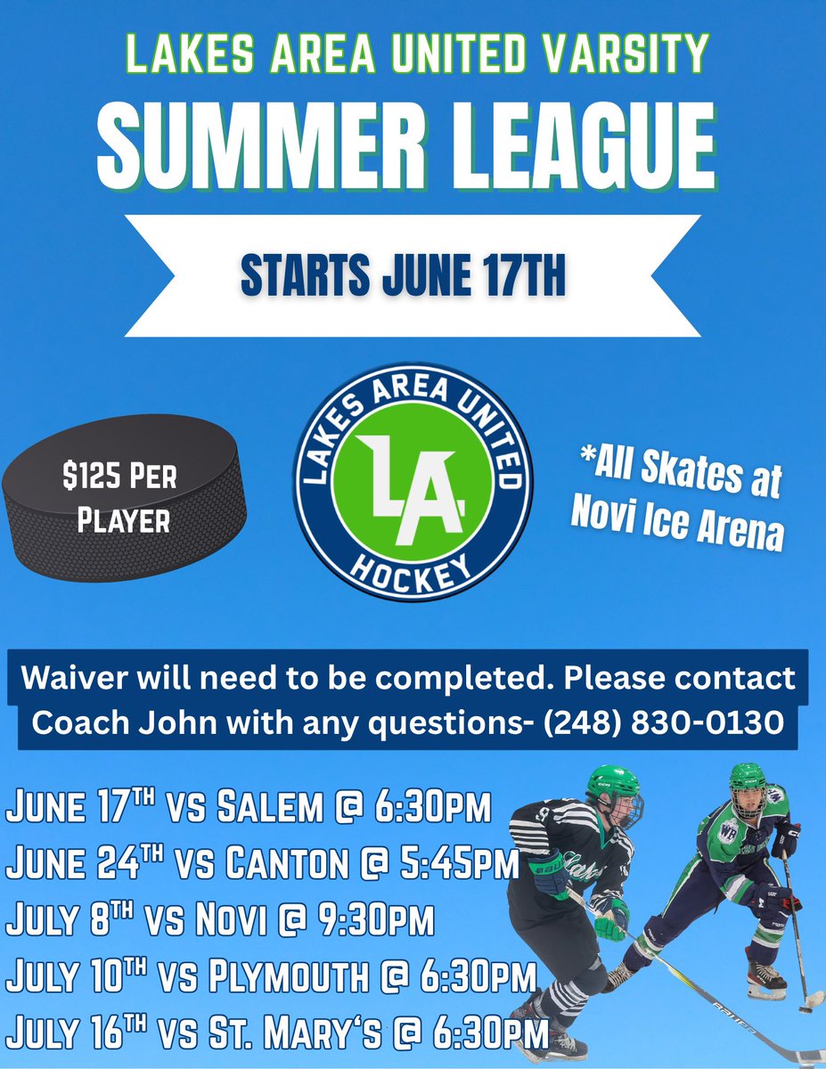 Lakes United Hockey (@wuhockey) on Twitter photo It’s almost time for Summer League! Please reach out to Coach John with any questions. ☀️🏒☀️
<a href="/WK_Athletics/">Kettering Athletics</a> <a href="/Mott_Athletics/">Waterford Mott High School Athletics</a> <a href="/therealepap/">Eric Pierce</a> <a href="/MichHSHockey/">Mich HS Hockey</a> It’s almost time for Summer League! Please reach out to Coach John with any questions. ☀️🏒☀️
<a href="/WK_Athletics/">Kettering Athletics</a> <a href="/Mott_Athletics/">Waterford Mott High School Athletics</a> <a href="/therealepap/">Eric Pierce</a> <a href="/MichHSHockey/">Mich HS Hockey</a>