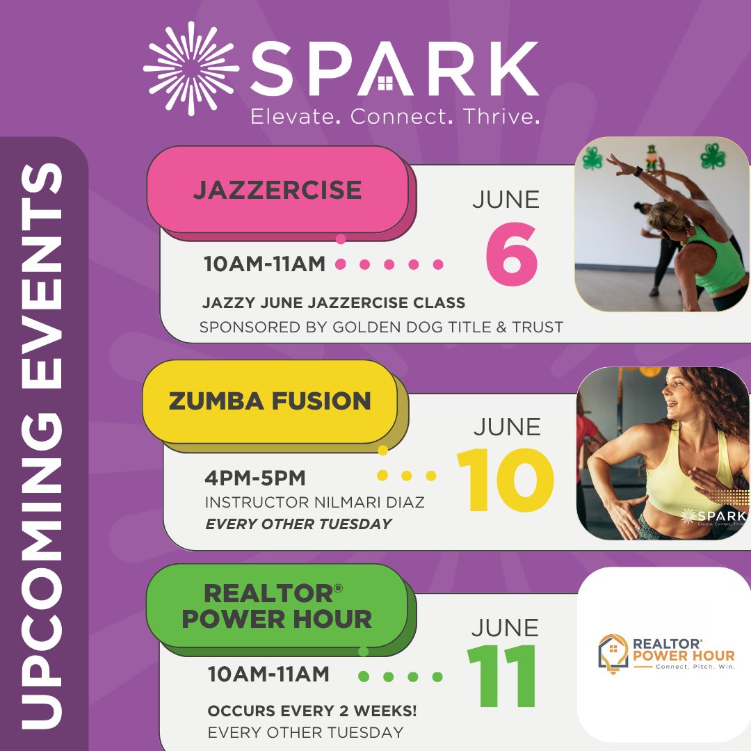 Spark your week with FREE ORRA SPARK classes! ✨ 🗓️ Tomorrow! 
June 6: Jazzercise (10 AM) 
June 10: Zumba Fusion (4 PM)
June 11: REALTOR Power Hour (8:30 AM) 
All at ORRA HQ! Full calendar &amp; registration: 
shorturl.at/9gQMr
#ORRA #OrlandoRealtors #SPARKProgram #FreeClasses