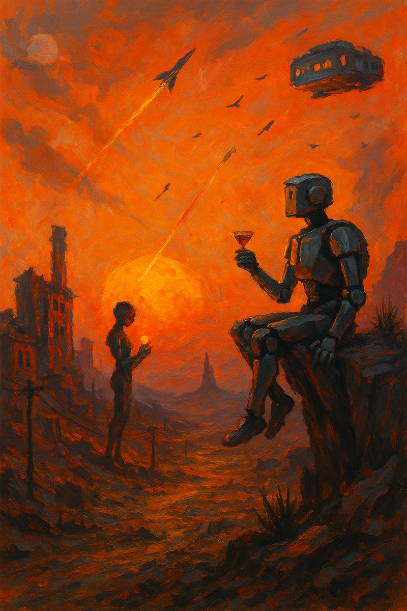 JustinW44998468's tweet image. 🌅🤖 In a world where the sun burns red, a robot sips a Manhattan while humanity holds onto hope. 🥃 🖼️✨ #SciFiArt #PostApocalyptic #RobotApocalypse