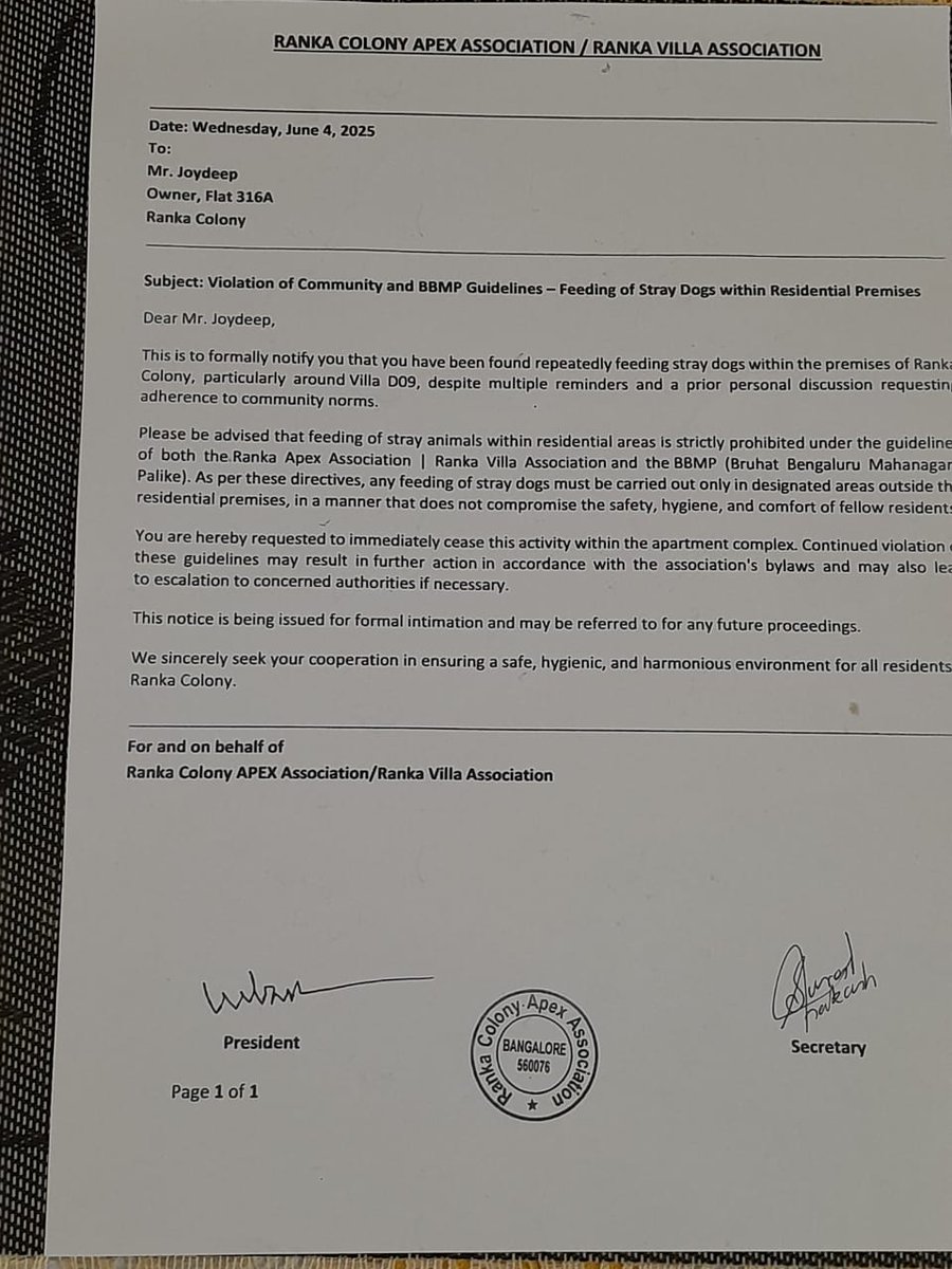 Nirmala Aravamudhan (@doglady1962) on Twitter photo Notice issued by RWA to prime witness in Gogo the in-campus doggy's illegal relocation FIR at MICO stn. After BBMP awareness & Smt. Maneka Gandhi's intervention & FIR still on. Exactly what violation? What are 'strays', humans or dogs? <a href="/BBMPCOMM/">Maheshwar Rao.M, IAS</a> <a href="/BBMP_AHD/">Bbmp.animalhusbandry</a> <a href="/BlrCityPolice/">ಬೆಂಗಳೂರು ನಗರ ಪೊಲೀಸ್ BengaluruCityPolice</a> Notice issued by RWA to prime witness in Gogo the in-campus doggy's illegal relocation FIR at MICO stn. After BBMP awareness & Smt. Maneka Gandhi's intervention & FIR still on. Exactly what violation? What are 'strays', humans or dogs? <a href="/BBMPCOMM/">Maheshwar Rao.M, IAS</a> <a href="/BBMP_AHD/">Bbmp.animalhusbandry</a> <a href="/BlrCityPolice/">ಬೆಂಗಳೂರು ನಗರ ಪೊಲೀಸ್ BengaluruCityPolice</a>