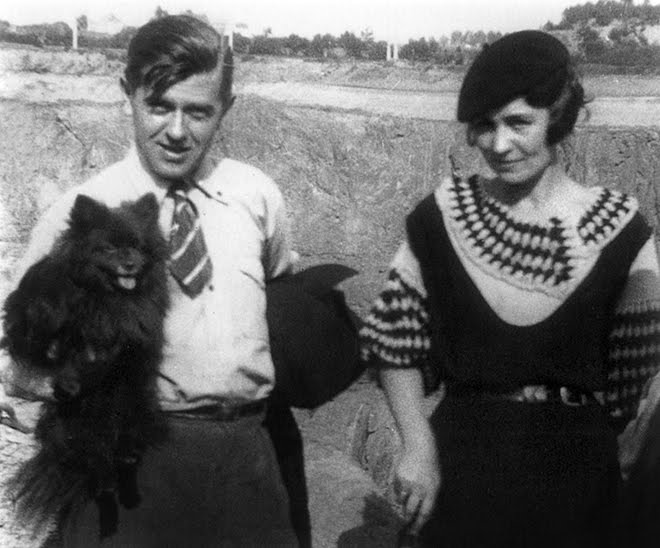 Rene and Georgette Magritte with their dog after the war.