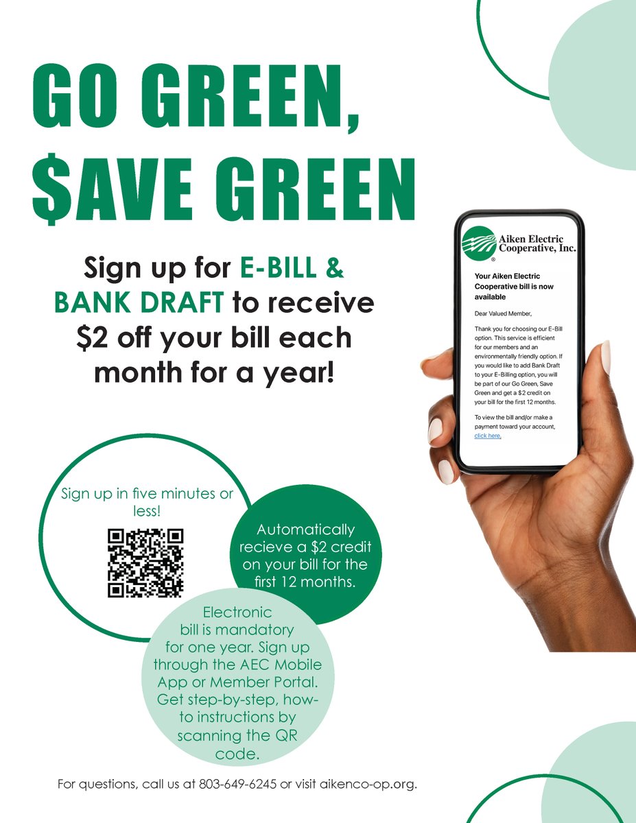 Sign up today for E-Billing and Bank Draft and SAVE!  🤑Signing up is easy, and you'll recieve $2 off your bill each month for a year. Learn how here: aikenco-op.org/go-green-save-…