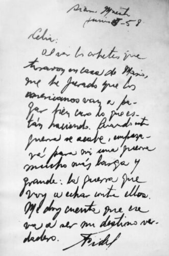 5/6/1958

Celia:  

 “Al ver los cohetes que tiraron en casa de Mario, me he jurado que los americanos van a pagar bien caro lo que están haciendo. Cuando esta guerra se acabe, empezará para mí una guerra mucho más larga y grande: la guerra que voy a echar contra ellos”

Fidel