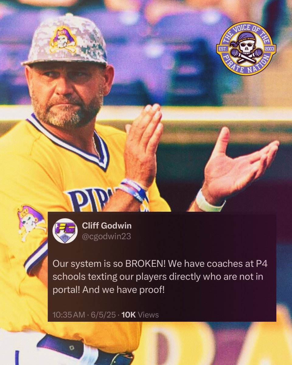 🏴‍☠️⚾️ ECU Baseball Coach Cliff Godwin on the state of tampering in the transfer portal “Our system is so BROKEN! We have coaches at P4 schools texting our players directly who are not in portal! And we have proof!”