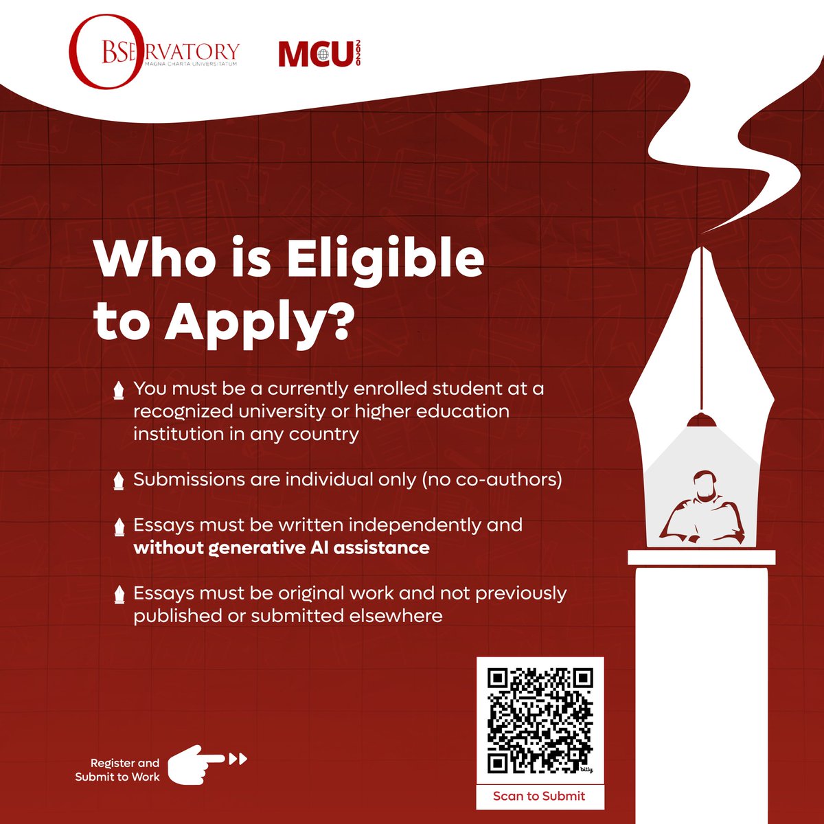 aasu_72's tweet photo. The 2025 Magna Charta Observatory Student Essay Competition is LIVE!
📅 Deadline: July 13, 2025
Submit your 1000-word essay in English and be heard globally!
🔗 Apply here: https://t.co/ALpASjSuSM
#MCOEssayCompetition2025 #HigherEducation #StudentVoices #AcademicEquity https://t.co/6KiDG8ikpk