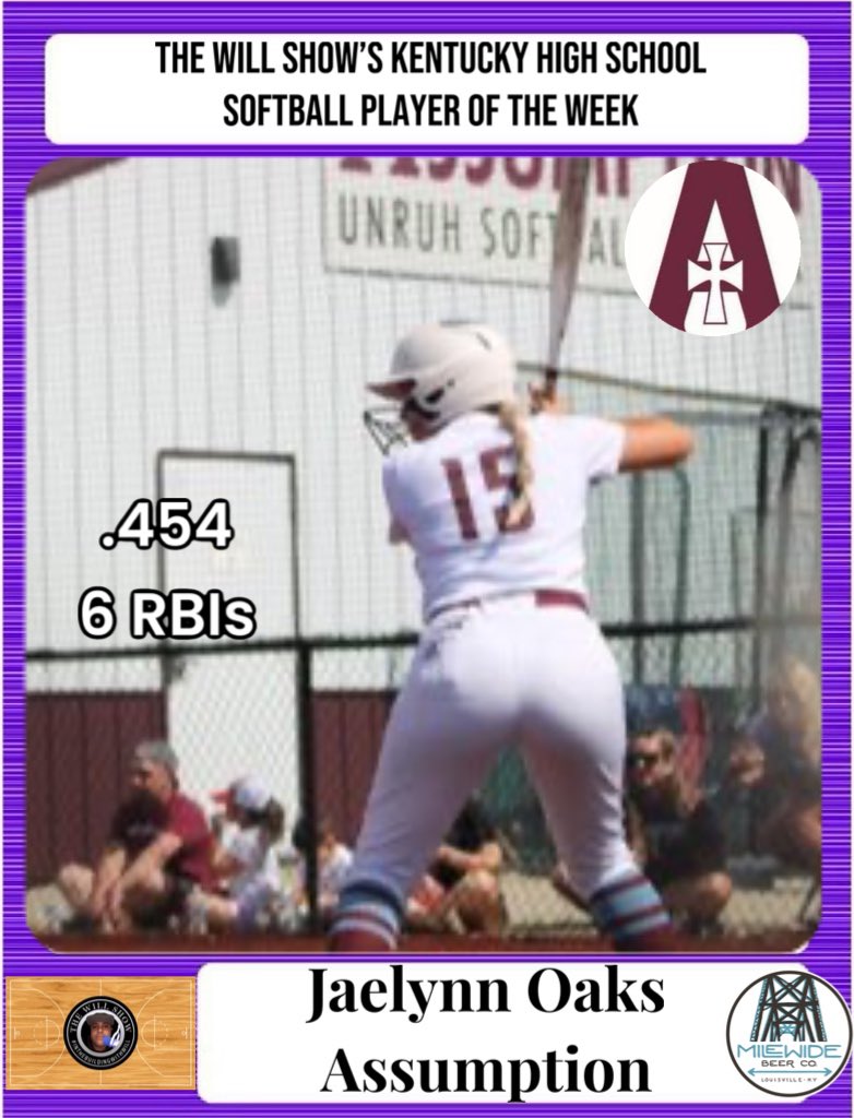 The Will Show’s Ky HS #Softball Player  of the Week, sponsored by <a href="/MileWideBeer/">Mile Wide Beer Co.</a>  is <a href="/jaelynn57399/">Jaelynn Oaks</a> …  <a href="/ROCKets_SB/">Assumption Softball</a> Congratulations! #highschoolsoftball #TheWillShow