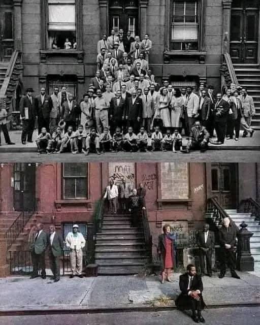 In 1958, a group photograph was taken in Harlem, capturing a moment in time with a group of people standing together, united by their shared experience. Nearly four decades later, in 1996, the same people gathered in the same spot, replicating the original image. However, by