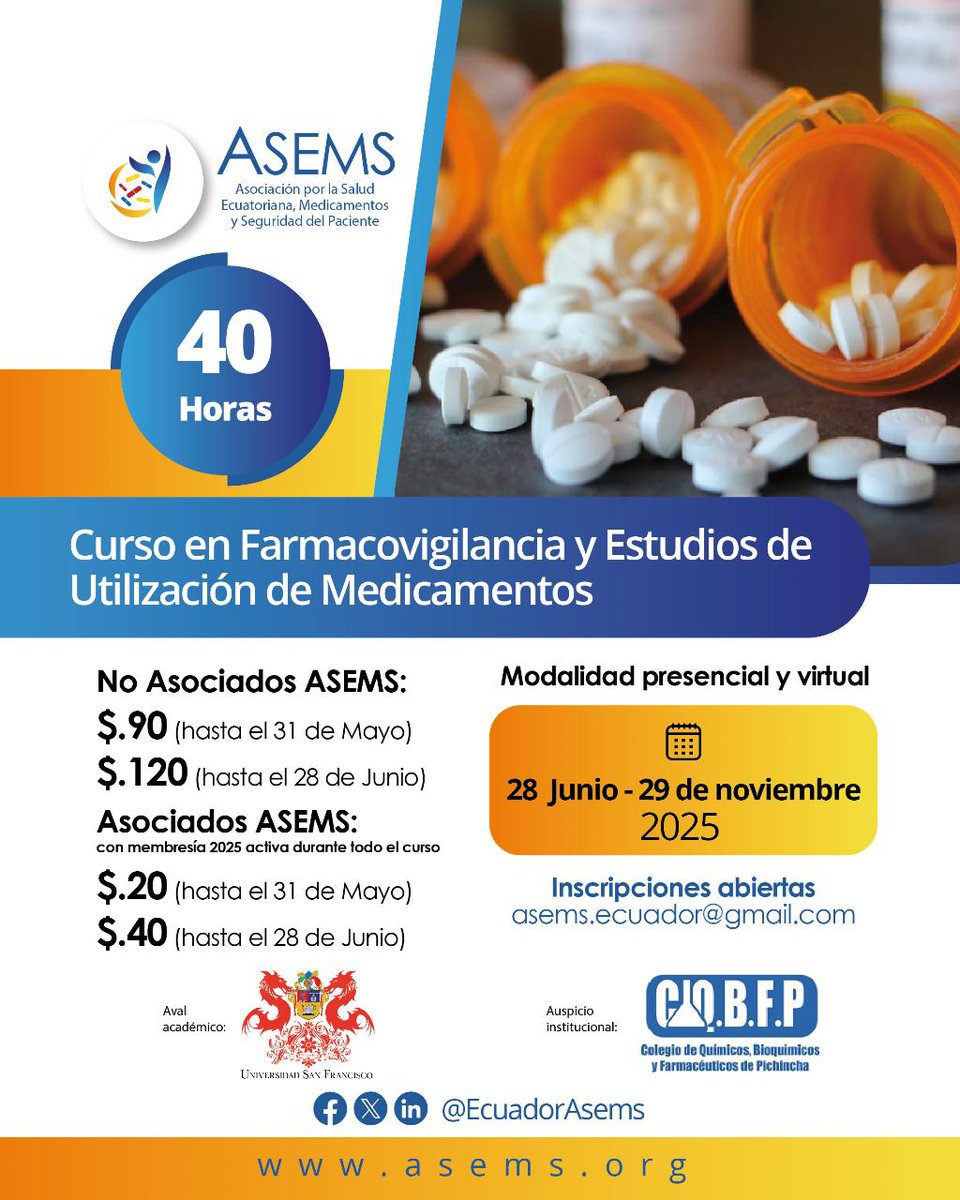 EcuadorAsems's tweet photo. ¡Aún estás a tiempo de inscribirte!

🎓 Curso en Farmacovigilancia y Estudios de Utilización de Medicamentos.

🧩 Modalidad mixta: encuentros presenciales y actividades virtuales

🗓️ Inscripciones abiertas hasta el 28 de junio

Comunicate con #ASEMS asems.ecuador@gmail.com https://t.co/r4w3MCr4qZ