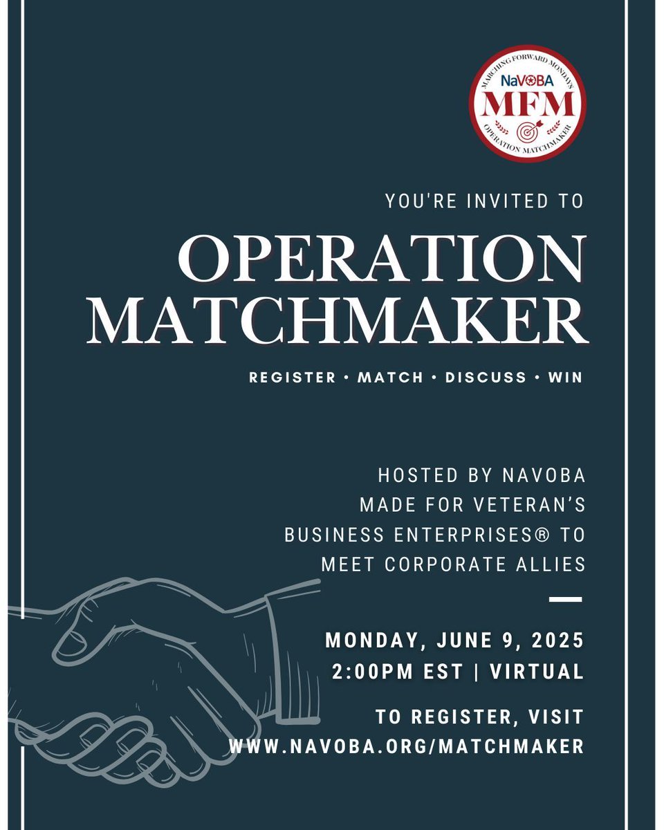 Operation Matchmaker is your monthly opportunity to pitch, partner, and progress. Each session is carefully curated to ensure support towards quality business growth.

 📅 Reserve your spot: navoba.org/matchmaker
 🔍 Not certified yet? Start here: navoba.org/certification
