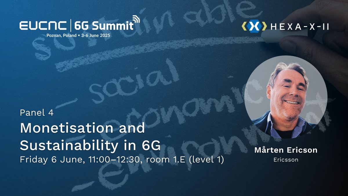 Monetisation meets sustainability in 6G. Panel 4 at #EuCNC &amp; #6GSummit, 6 June, 11:00–12:30, room 1.E. Featuring Mårten Ericson from Ericsson and #HexaXii. 

#SNSJU