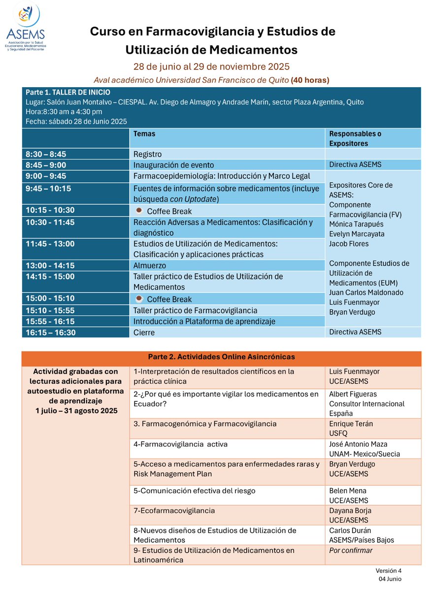EcuadorASEMS (@ecuadorasems) on Twitter photo ¡Aún estás a tiempo de inscribirte!
🎓 Curso en Farmacovigilancia y Estudios de Utilización de Medicamentos.
🧩 Modalidad mixta: encuentros presenciales y actividades virtuales
🗓️ Inscripciones abiertas hasta el 28 de junio
Comunicate con #ASEMS asems.ecuador@gmail.com ¡Aún estás a tiempo de inscribirte!
🎓 Curso en Farmacovigilancia y Estudios de Utilización de Medicamentos.
🧩 Modalidad mixta: encuentros presenciales y actividades virtuales
🗓️ Inscripciones abiertas hasta el 28 de junio
Comunicate con #ASEMS asems.ecuador@gmail.com