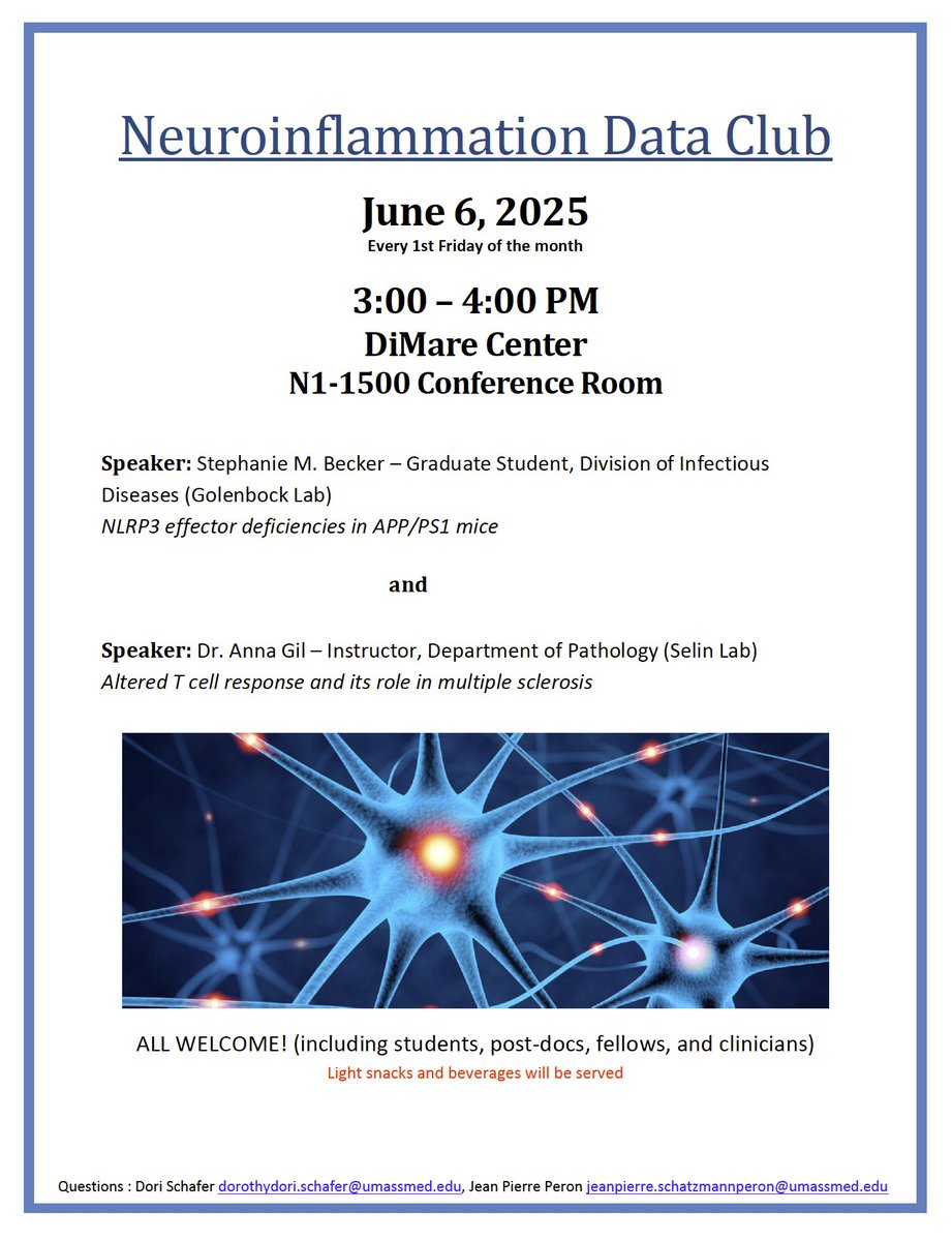 neuroimmune_usp's tweet image. Hello @UMassChan @UMassChanNeuro community. Our next #neuroinflammation data club is tomorrow. Looking forward to more fantastic talks. See you there ! @SchaferLabUMass
