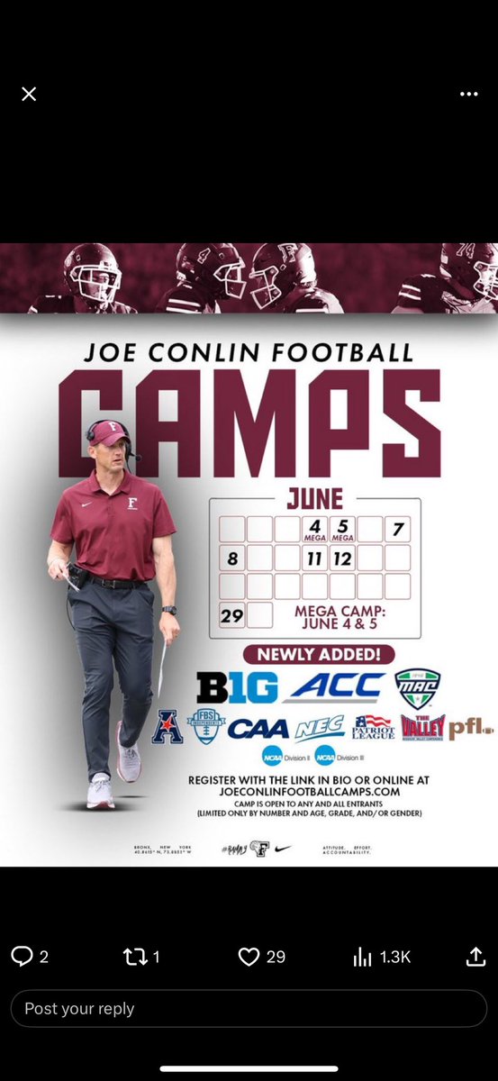 Excited To Get To Work Today This Afternoon At The Fordham Joe Conlin Football Mega Camp!!  <a href="/Greg_Russo/">Greg Russo</a>