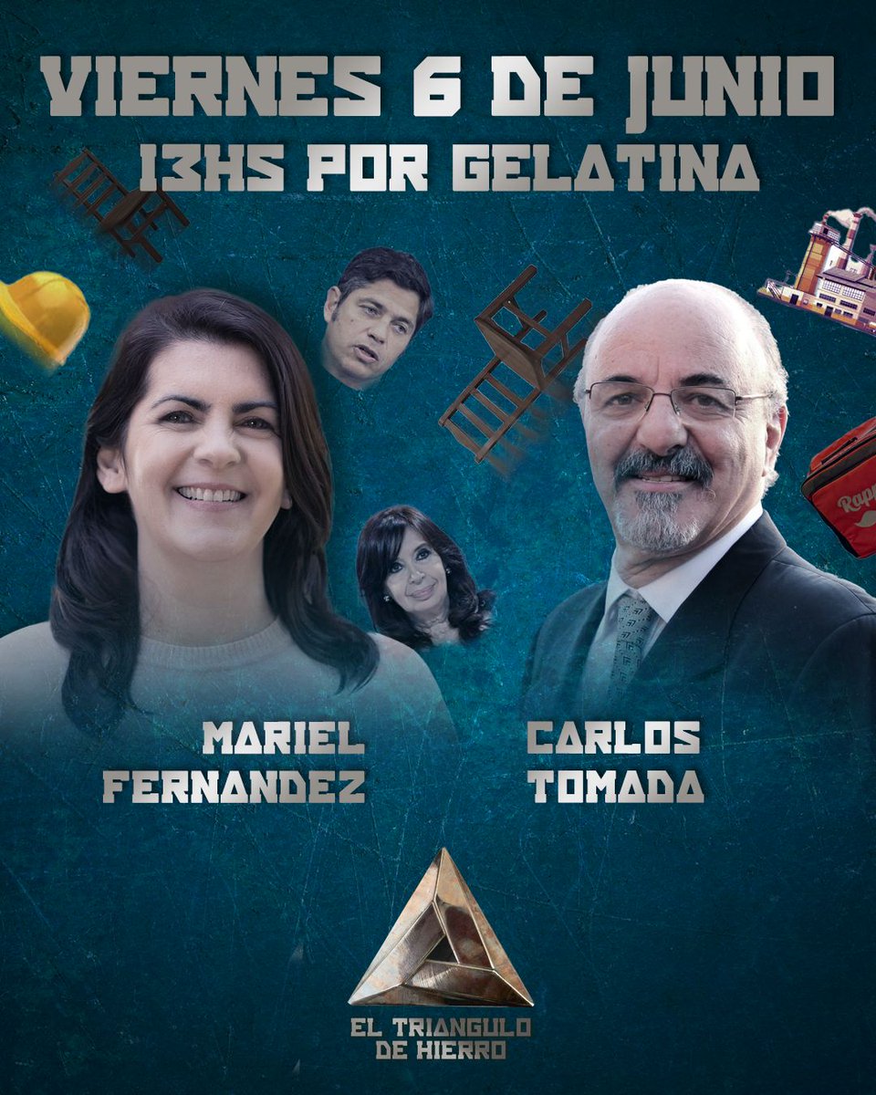 🔺 (es de hierro) (@esdehierroo) on Twitter photo Este viernes vienen <a href="/marielfmoreno1/">Mariel Fernández</a> y <a href="/CarlosTomada/">Carlos Tomada</a> al triángulo 🔼
Vamos a hablar de internas, sillazos, sindicalismo, política y actualidad.
Viernes de 13 a 15 por <a href="/somosgelatina/">Gelatina</a> Este viernes vienen <a href="/marielfmoreno1/">Mariel Fernández</a> y <a href="/CarlosTomada/">Carlos Tomada</a> al triángulo 🔼
Vamos a hablar de internas, sillazos, sindicalismo, política y actualidad.
Viernes de 13 a 15 por <a href="/somosgelatina/">Gelatina</a>