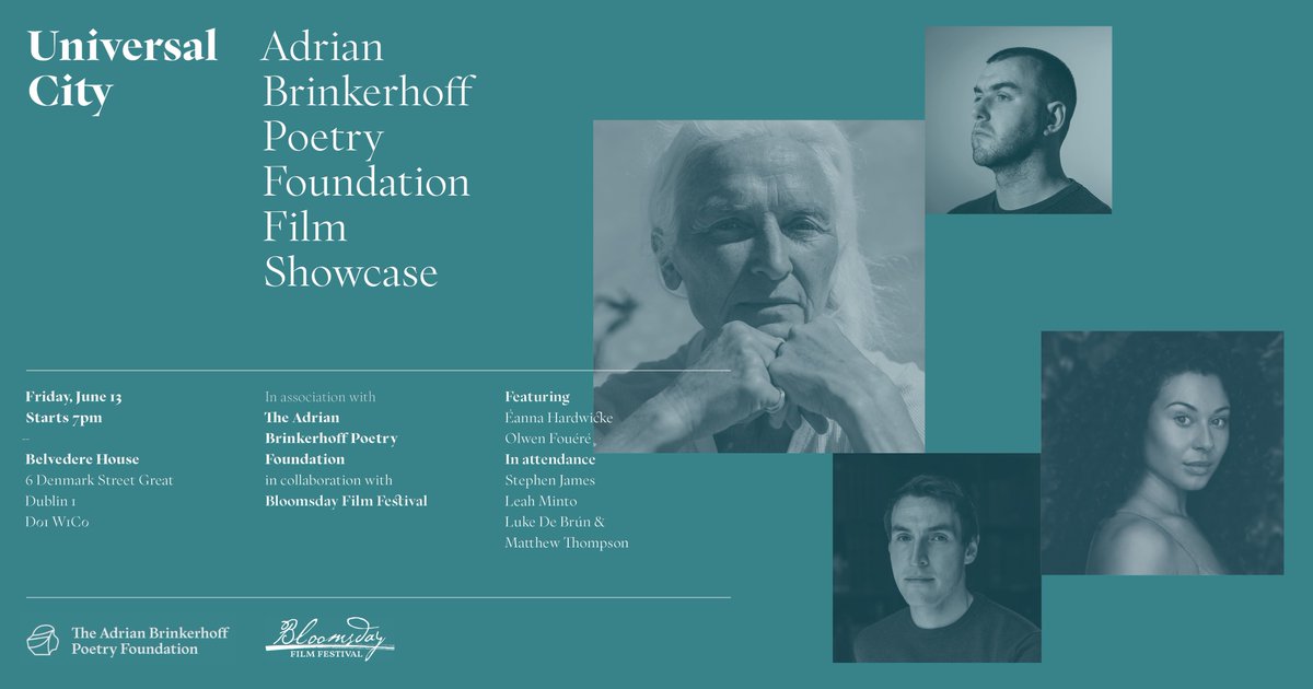 Poetry Ireland (@poetryireland) on Twitter photo Joyce’s ‘Universal City’: An Adrian Brinkerhoff Poetry Foundation / Bloomsday Poetry Film Showcase
Friday 13th June at 7pm
Belvedere Townhouse
FREE EVENT but booking is recommended, book here: bloomsdayfestival.ie/event/bloomsda…
<a href="/BloomsdayFF/">Bloomsday Film Festival</a> <a href="/BrinkerhoffPoem/">Adrian Brinkerhoff Poetry Foundation</a> Joyce’s ‘Universal City’: An Adrian Brinkerhoff Poetry Foundation / Bloomsday Poetry Film Showcase
Friday 13th June at 7pm
Belvedere Townhouse
FREE EVENT but booking is recommended, book here: bloomsdayfestival.ie/event/bloomsda…
<a href="/BloomsdayFF/">Bloomsday Film Festival</a> <a href="/BrinkerhoffPoem/">Adrian Brinkerhoff Poetry Foundation</a>