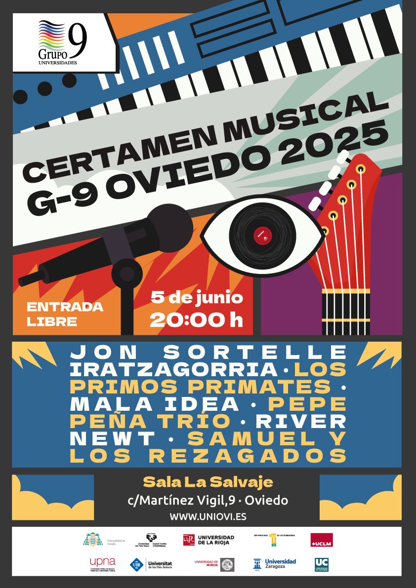 G-9 de Universidades (@uni_g9) on Twitter photo 🎶 ¡La música universitaria suena fuerte en Oviedo!
Hoy, 5 de junio, 6 bandas de universidades públicas del <a href="/uni_g9/">G-9 de Universidades</a> compiten en el VIII Certamen Musical Interuniversitario.
📍Sala La Salvaje (Oviedo), 20h.
🎸 Premios de hasta 2.500 €
Entrada gratuita hasta completar aforo. 🎶 ¡La música universitaria suena fuerte en Oviedo!
Hoy, 5 de junio, 6 bandas de universidades públicas del <a href="/uni_g9/">G-9 de Universidades</a> compiten en el VIII Certamen Musical Interuniversitario.
📍Sala La Salvaje (Oviedo), 20h.
🎸 Premios de hasta 2.500 €
Entrada gratuita hasta completar aforo.