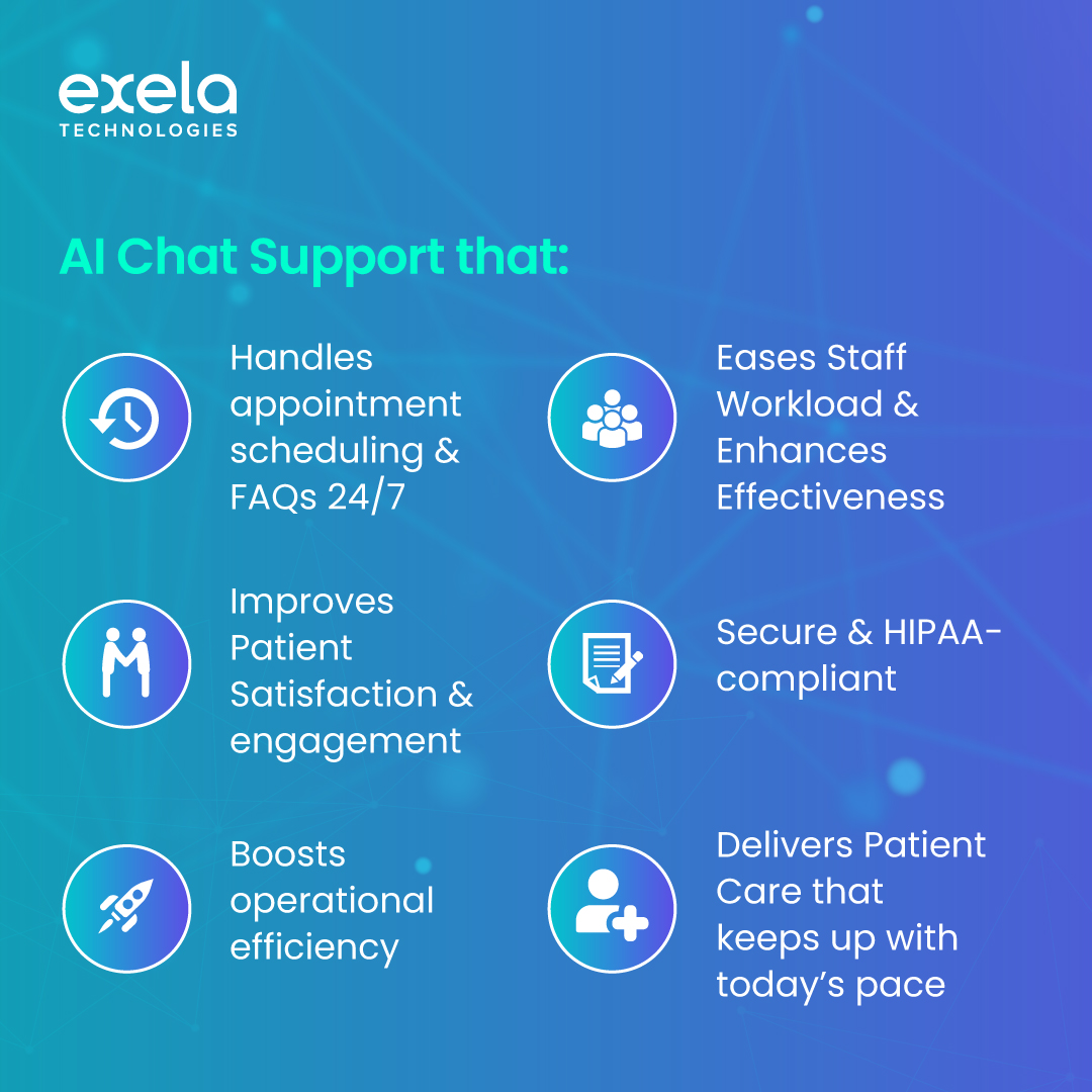 xelaomniconnect's tweet image. 70% of patients want instant answers.

Our AI #ChatSupport handles 80% of FAQs instantly, cuts #StaffWorkload by 40%, &amp;amp; runs 24/7—secure &amp;amp; compliant.

Boost #PatientCare today! Explore more - omniconnect.exela.global/industry/healt…