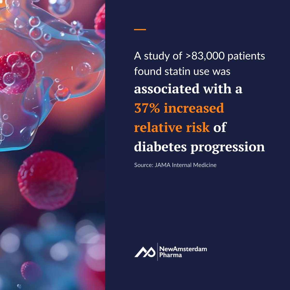NewAmsterdam Pharma Corporation (@newamspharma) on Twitter photo While statins remain the gold standard for lipid lowering, their impact on diabetes progression raises important questions. In a retrospective cohort study of 83,022 matched pairs of patients with diabetes, statin use was associated with a 37% increased relative risk of diabetes While statins remain the gold standard for lipid lowering, their impact on diabetes progression raises important questions. In a retrospective cohort study of 83,022 matched pairs of patients with diabetes, statin use was associated with a 37% increased relative risk of diabetes