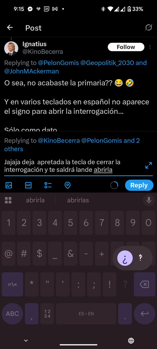 GuSoCastillo's tweet photo. @KinoBecerra @PelonGomis @Geopolitik_2030 @JohnMAckerman Jajaja deja  apretada la tecla de cerrar la interrogación y te saldrá  el símbolo que dices que no está. https://t.co/wetwblYYeZ