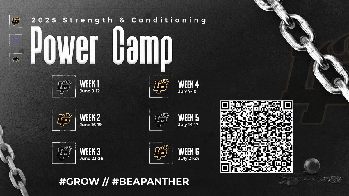 🗣️ PSA: Power Camp is right around the corner. Make sure if you’re in town you’re here getting better. Looking forward to seeing everyone back. Scan the QR code to register.

⏰ 8-11am

#GROW📈 #BEAPANTHER🐾