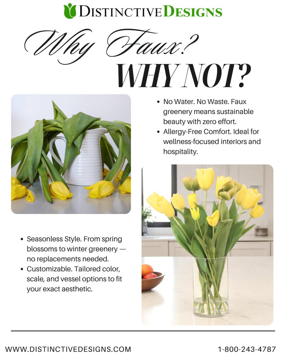 DistinctveDsgns's tweet image. Distinctive Designs specializes in designing stunning, maintenance-free artificial gardens, potted plants, and floral arrangements.
Contact Us:
hello@distinctivedesigns.com
1-800-243-4787
#fauxfloral #interiordesign #distinctivedesigns  #ddi #nogreenthumbneeded #artificialflowers