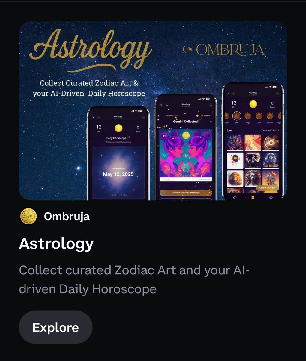 Jeni_Pepen's tweet image. Gm 🌞 Excited to share that Astrology by @OMBRUJA is now LIVE on @base and featured in @CoinbaseWallet  

Open the app to explore and collect your zodiac sign’s art and AI powered horoscope, featuring works by @oneloveartdao artists.

➡️ app.ombruja.com