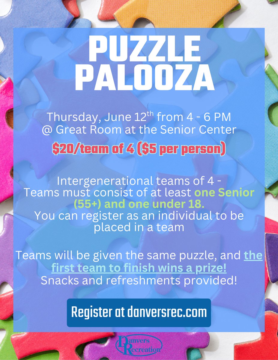 DanversRec's tweet image. 🧩✨ Think you’ve got what it takes to be the fastest puzzler in town? Join us for Puzzle Palooza on Thursday, June 12th from 4–6 PM at the Senior Center!
Register today at danversrec.com and let the puzzle battle begin! 🔍🧩