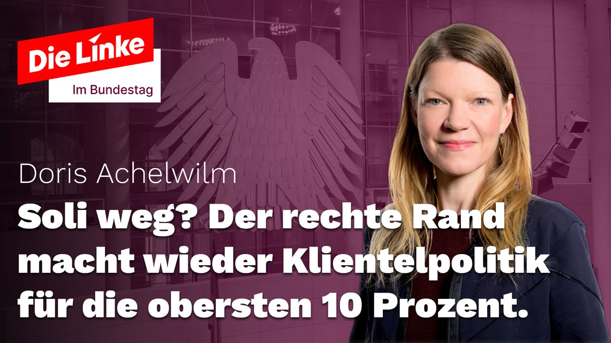 .<a href="/DorisAchelwilm/">Doris Achelwilm</a>: Zwei Drittel des Solidaritätszuschlags werden vom einkommensstärksten Prozent gezahlt. Solange die obersten Einkünfte und Vermögen nicht angemessen an gesellschaftlichen Aufgaben beteiligt werden, so lange muss der Soli bleiben. Die AfD-Leier von der dringenden