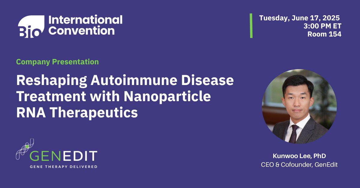 We’re heading to #BIO2025! Our CEO &amp; Cofounder Kunwoo Lee will present a company overview on June 17, 3pm ET. We will also be participating in 1x1 partnering. Connect with us to talk about NanoGalaxy® and RNA delivery.

genedit.com/science/

#geneticmedicines #DrugDelivery
