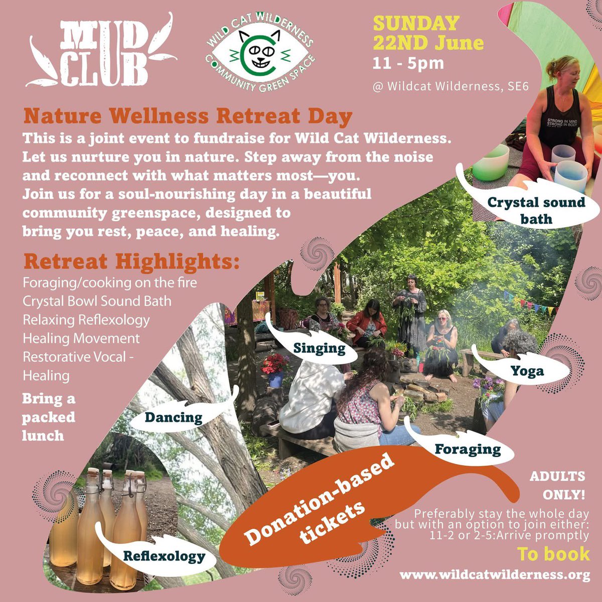 WildCatWilderness (@wcwcatford) on Twitter photo Connect with #nature & help improve your #wellbeing
Nature Wellness Retreat Day 22/6 11-5pm with @mud_club_london 
Revitalise yourself with a day in our beautiful green space in #Catford, designed to bring you rest, peace & healing.    
Adults only. eventbrite.co.uk/o/wild-cat-wil… Connect with #nature & help improve your #wellbeing
Nature Wellness Retreat Day 22/6 11-5pm with @mud_club_london 
Revitalise yourself with a day in our beautiful green space in #Catford, designed to bring you rest, peace & healing.    
Adults only. eventbrite.co.uk/o/wild-cat-wil…