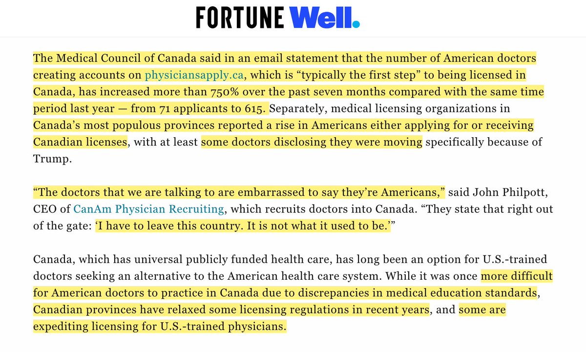 “Medical Council of Canada said...number of American doctors creating accounts on physiciansapply. ca, “typically the first step” to being licensed in Canada, has increased more than 750% over past 7 months compared with same time period last year — from 71 applicants to 615.”