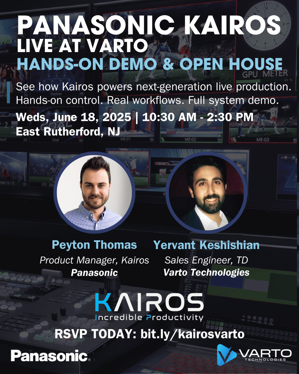 vartotech's tweet photo. Panasonic Kairos Live at Varto: Hands-On Demo + Open House
 📅 Wednesday, June 18 | 📍 East Rutherford, NJ | ⏰ 10:30 AM to 2:30 PM
 🔗 RSVP: https://t.co/5btxGV2M91 
#PanasonicKairos #LiveProduction #NDI #ST2110 #PTZCameras #VartoTechnologies #Panasonic #Kairos https://t.co/QIyyXYvh9N