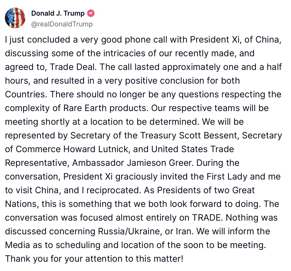 🚨 BREAKING : Trump annuncia una "ottima" telefonata con il presidente cinese Xi riguardo al nuovo accordo commerciale.