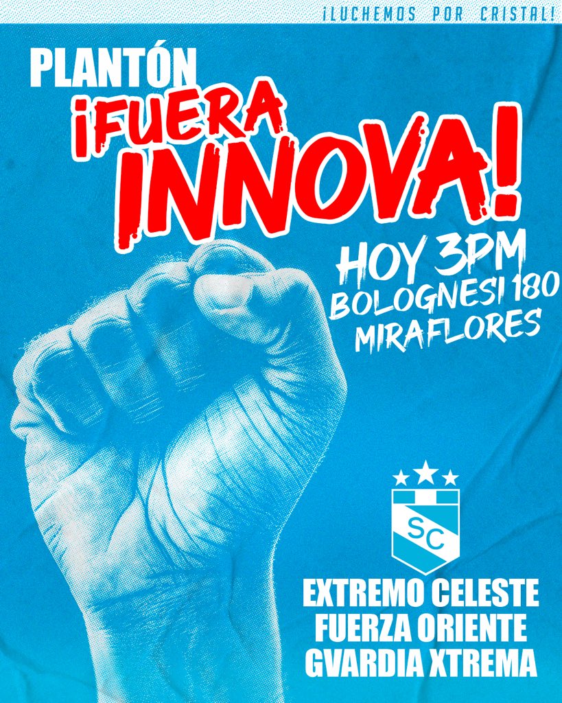 ¡𝗘𝗟 𝗣𝗨𝗘𝗕𝗟𝗢 𝗖𝗘𝗟𝗘𝗦𝗧𝗘 𝗘𝗡 𝗣𝗜𝗘 𝗗𝗘 𝗟𝗨𝗖𝗛𝗔!
𝗛𝗢𝗬 𝗝𝗨𝗘𝗩𝗘𝗦 𝗧𝗢𝗗𝗢𝗦 𝗔 𝗟𝗔𝗦 𝗖𝗔𝗟𝗟𝗘𝗦 𝗔 𝗚𝗥𝗜𝗧𝗔𝗥: ¡𝗙𝗨𝗘𝗥𝗔 𝗜𝗡𝗡𝗢𝗩𝗔 𝗗𝗘 𝗖𝗥𝗜𝗦𝗧𝗔𝗟!
🗣️Marcha pacífica contra Innova Sports, Agref, Joel Raffo y Carlos Gonzales
🗓 HOY Jueves 5 de junio