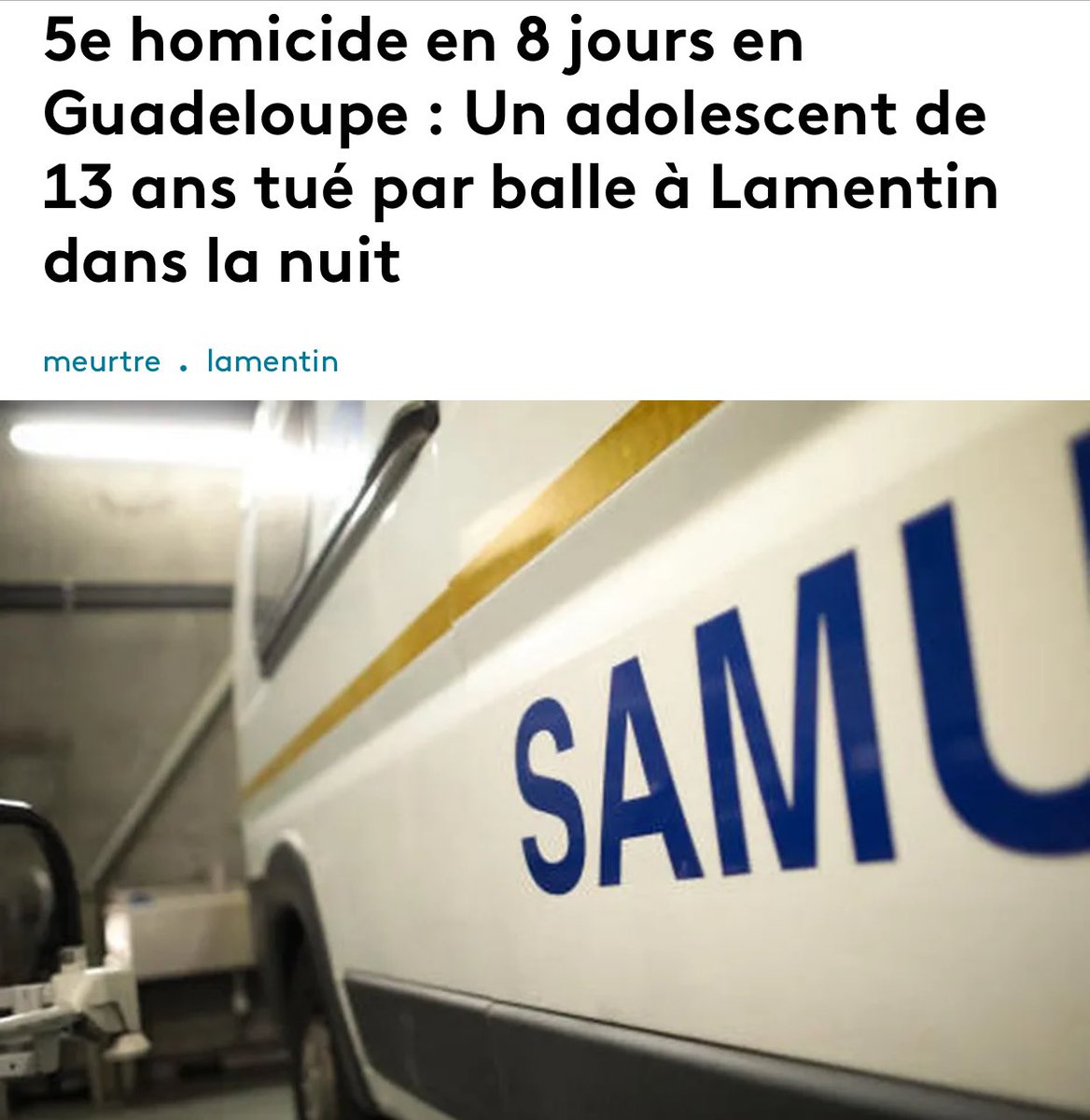 Désormais, c’est à 13 ans que l’on meurt par balle en #Guadeloupe à 22H dans la rue. Pendant que ça discute sans fin institutions et statut en assumant ainsi une désespérante impuissance, le réel cru et dur du pays nous pète au visage jour après jour.  
Stop ou encore ? #question