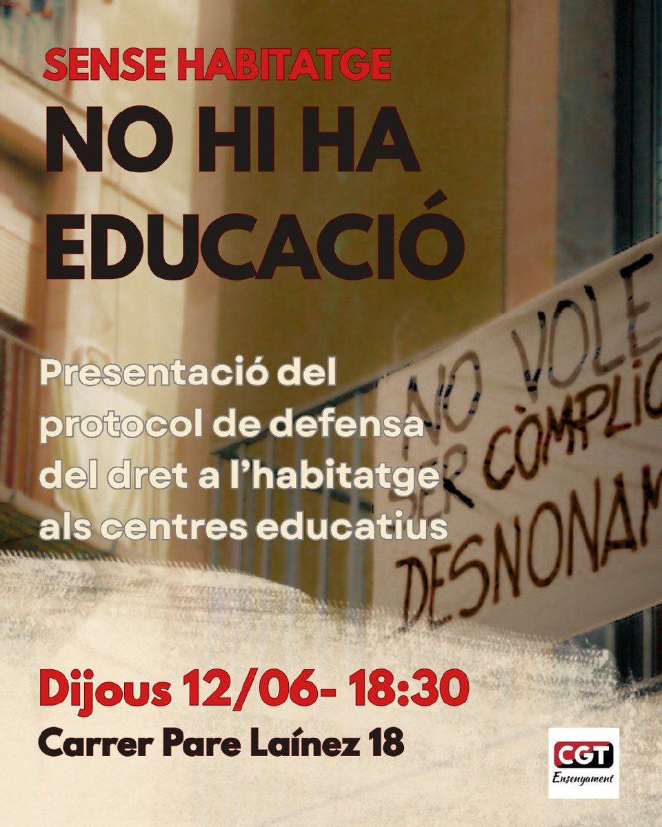 cgtensebcn's tweet image. 🔴 SENSE HABITATGE NO HI HA EDUCACIÓ 🔴
➡️Tanquem el curs amb la presentació del protocol Sense habitatge no hi ha educació i un debat obert per intercanviar experiències properes dels nostres centres educatius.
📆dijous 12 de juny
⌚️18:30h
📍CGT Bcn, c/Pere Laínez 18