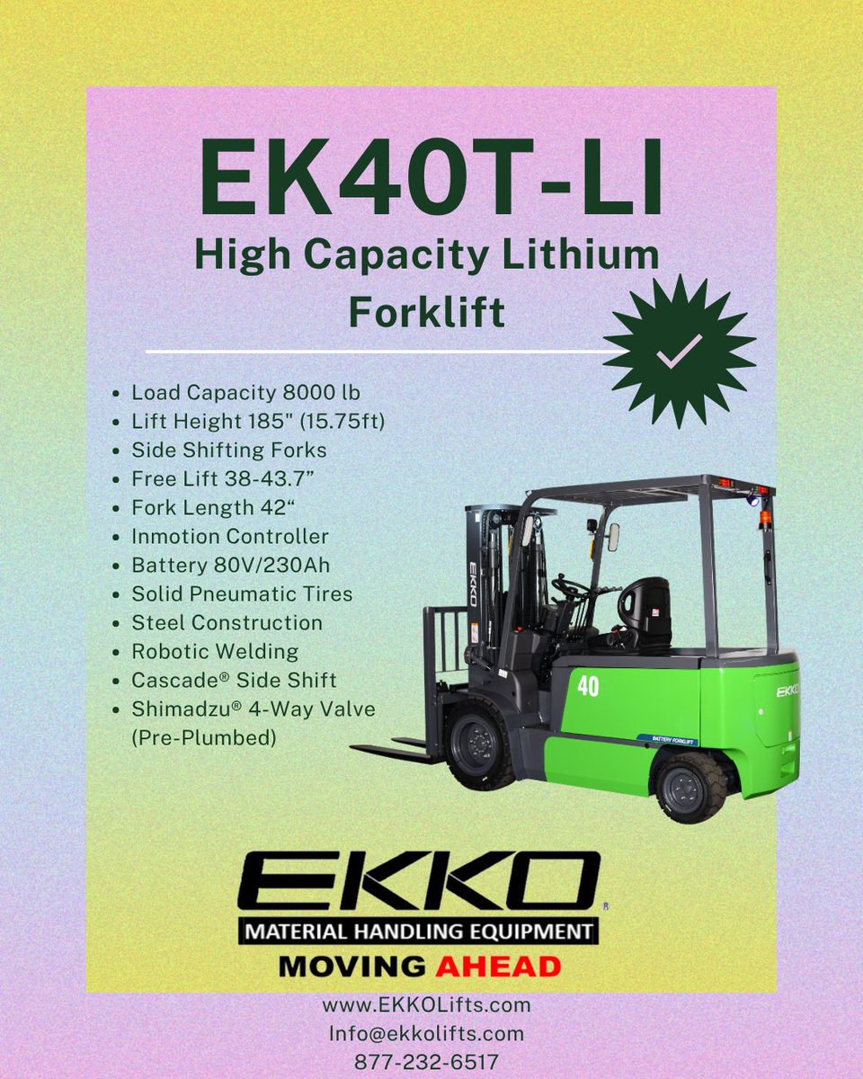EKKOlifts's tweet photo. EKKO's high-capacity Lithium-Powered Forklift is built for serious liftingโ
๐ 8000 lbs capacity
๐ฆ 185" lift height
โ๏ธ Side Shift
๐ Solid Pneumatic Tires
โก Battery & Charger INCLUDED
#EKKO #Forklift #LithiumForklift #MaterialHandling #WarehouseEquipment #HeavyDuty #MovingAhead https://t.co/EfAbEX45Vs