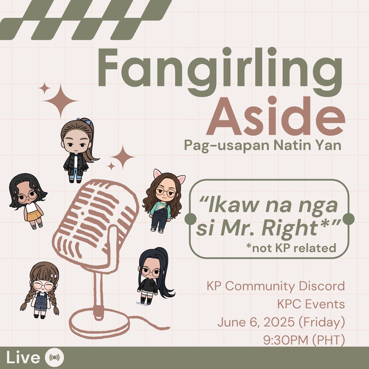 Usapang buhay sa bahay ng KPs.

This Friday, June 6 at 9:30 PM (PHT), Five chatty women will share life experiences, opinions with a few laughs.

Tune in and share your thoughts too! 😉

Click the link to get notified!
discord.com/events/1277569…

<a href="/peachi0511/">Peach Yona 🇮🇹🇵🇭 KPI</a> <a href="/OmorfiZoi4u/">OmorfiZoi 🇵🇭🇨🇾KimPau International</a>