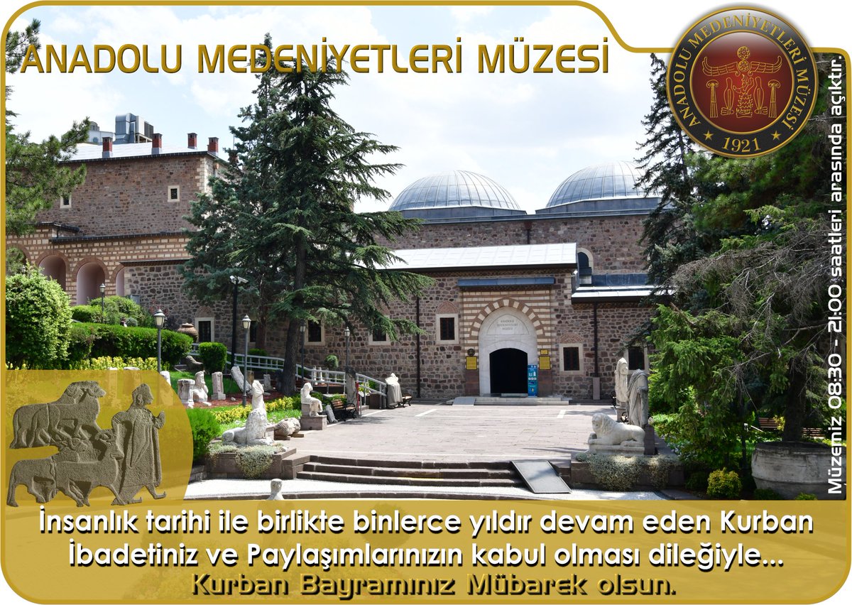 Kurban Bayramında Anadolu Medeniyetleri Müzesi Bayramın 1. günü 12.00 den sonra açılacak olup, diğer günlerde 08.30-18.15 normal ziyaret, 19.00 dan 21.00'e kadar Gece Müzeciliği şeklinde ziyaret edilebilirsiniz.
Bekleriz Efendim...