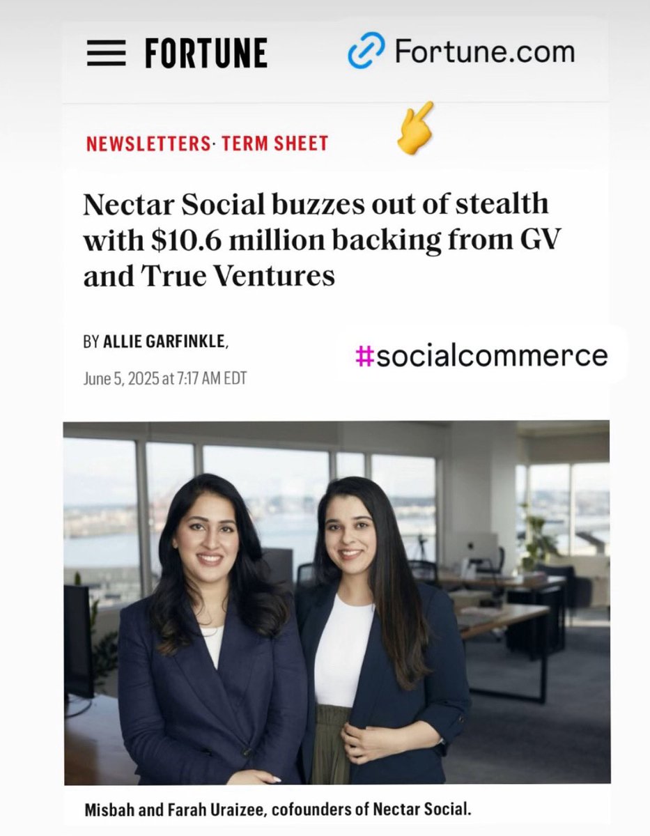 Social commerce 🛍️📈In the news today, past guest speakers Misbah and Farah Uraizee with deep domain expertise from Meta, co-founders Nectar social addresses the fundamental shift in commerce toward social-first discovery and 1:1 conversations fortune.com/2025/06/05/nec…