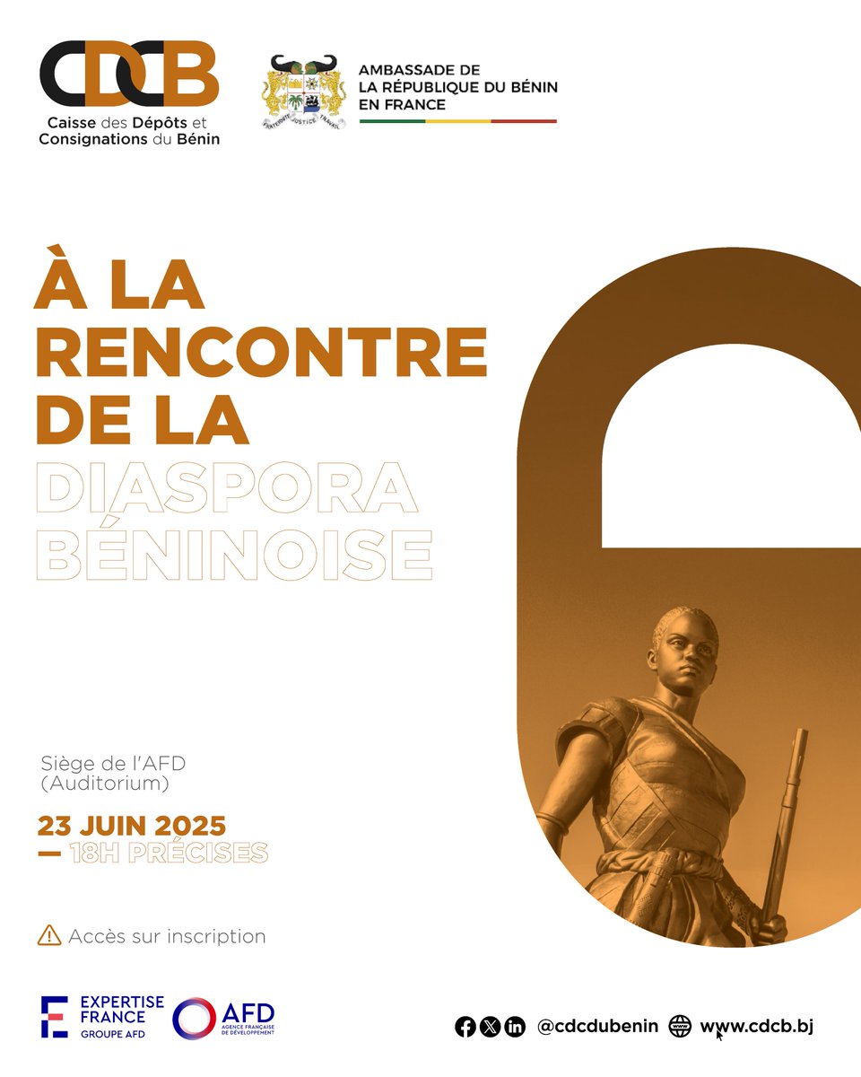 Prenez le rendez-vous de la première étape du Roadshow, le lundi 23 mai 2025 à Paris au siège de l'<a href="/AFD_France/">Agence Française de #Développement (AFD) 🇫🇷 🇪🇺</a>  (5 Rue Roland-Barthès) pour découvrir les projets stratégiques de la <a href="/cdcdubenin/">Caisse des Dépôts et Consignations du Bénin</a>.

Accès sur inscription via le lien suivant 👇urls.fr/vo0wdc