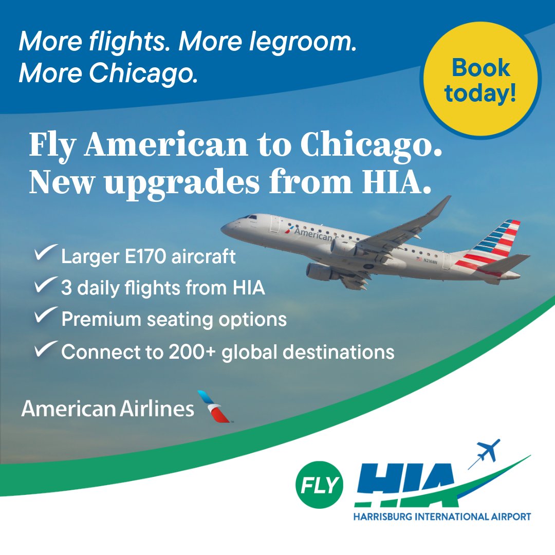 Harrisburg International Airport (@flyhia) on Twitter photo ✈️ More Flights. More Legroom. More Chicago!
<a href="/AmericanAir/">americanair</a> upgrades service from <a href="/FlyHIA/">Harrisburg International Airport</a> to <a href="/fly2ohare/">O'Hare Intl. Airport</a> with 65-seat E170 jets, incl. First Class & Main Cabin Extra.
🛫 3 daily flights
🪑 Premium seating
🌍 Connect to 200+ global destinations
📲 Book: aa.com ✈️ More Flights. More Legroom. More Chicago!
<a href="/AmericanAir/">americanair</a> upgrades service from <a href="/FlyHIA/">Harrisburg International Airport</a> to <a href="/fly2ohare/">O'Hare Intl. Airport</a> with 65-seat E170 jets, incl. First Class & Main Cabin Extra.
🛫 3 daily flights
🪑 Premium seating
🌍 Connect to 200+ global destinations
📲 Book: aa.com