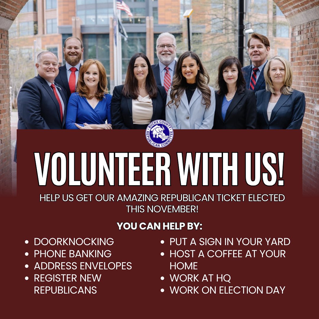 Bucks GOP (@bucksgop) on Twitter photo Interested in volunteering with us this summer? Contact us at info@bucksgop.org or 215-345-6811 to join our volunteer list and help us get our incredible Republican candidates elected this November!
#buckscounty Interested in volunteering with us this summer? Contact us at info@bucksgop.org or 215-345-6811 to join our volunteer list and help us get our incredible Republican candidates elected this November!
#buckscounty