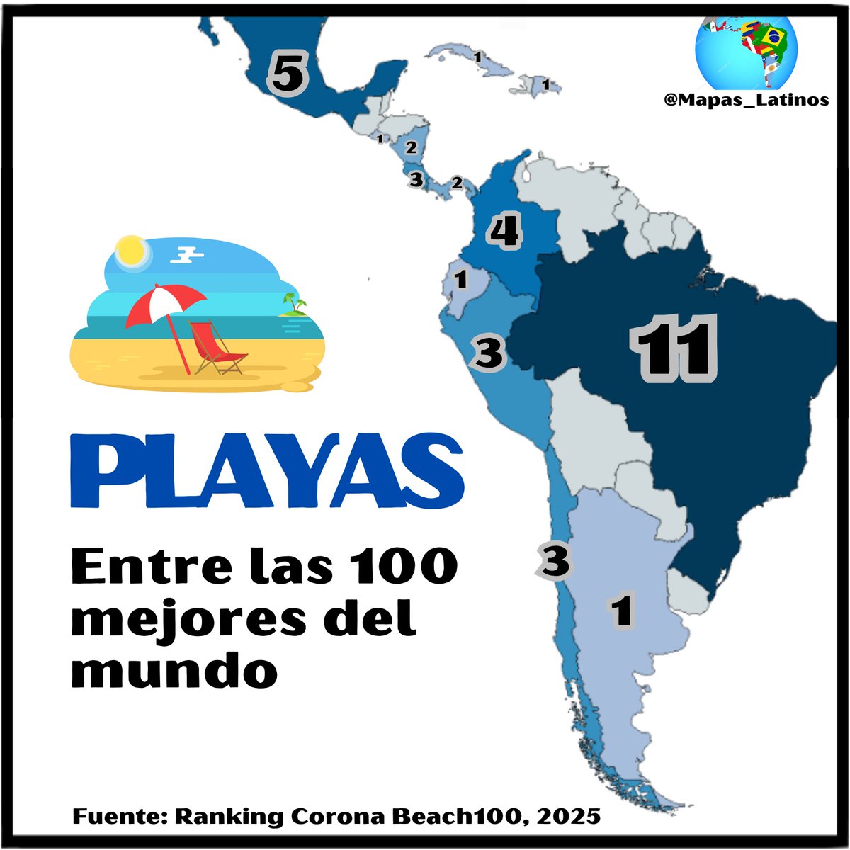 Mapas_Latinos's tweet photo. Playas de Latinoamérica entre las 100 mejores del mundo 🏖️ https://t.co/iQG7SFwZF1