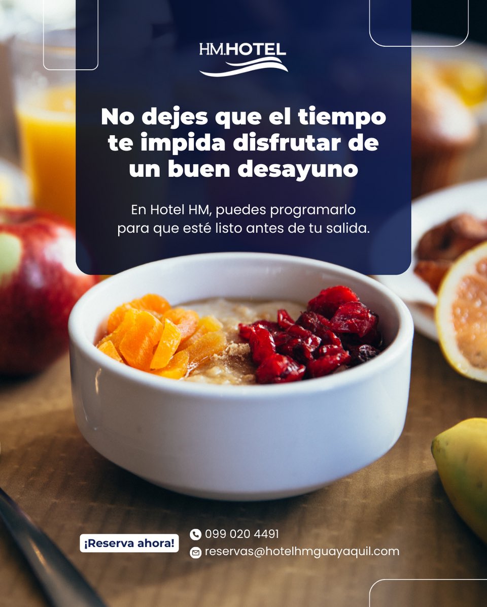 🌅 Comienza tu día con energía en Hotel HM
🍽️ Programa tu desayuno y disfrútalo antes de salir
🛏️ Relájate en un espacio pensado para tu comodidad
📍 Ubicados en Guayaquil
📞 Reserva al:
099 020 4491
098 741 4603

✅ Atención personalizada y servicio de calidad