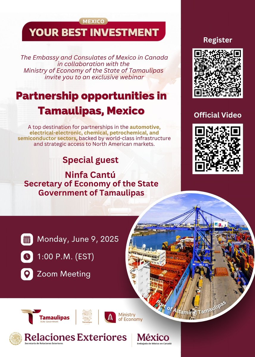 🚨 #Canadian #businesses! Join the webinar "Partnership Opportunities in Tamaulipas, Mexico" 
🗓️ June 9 | 🕐 1 PM EST
🤝 Explore investment &amp; collaboration with Tamaulipas!
🎙️ With Sec. of Economy Ninfa Cantú
🔗 Register: rb.gy/t9ww60
📩 jislas@sre.gob.mx
